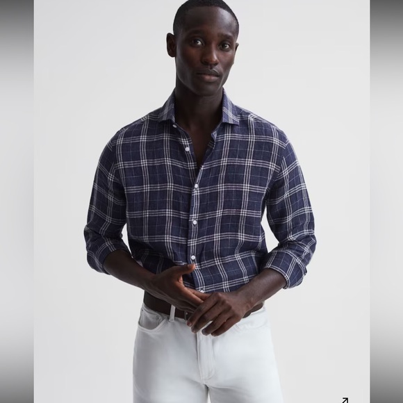 Reiss Mens Ruban Linen Long Sleeve Shirt In Blue Check Small 100 Linen